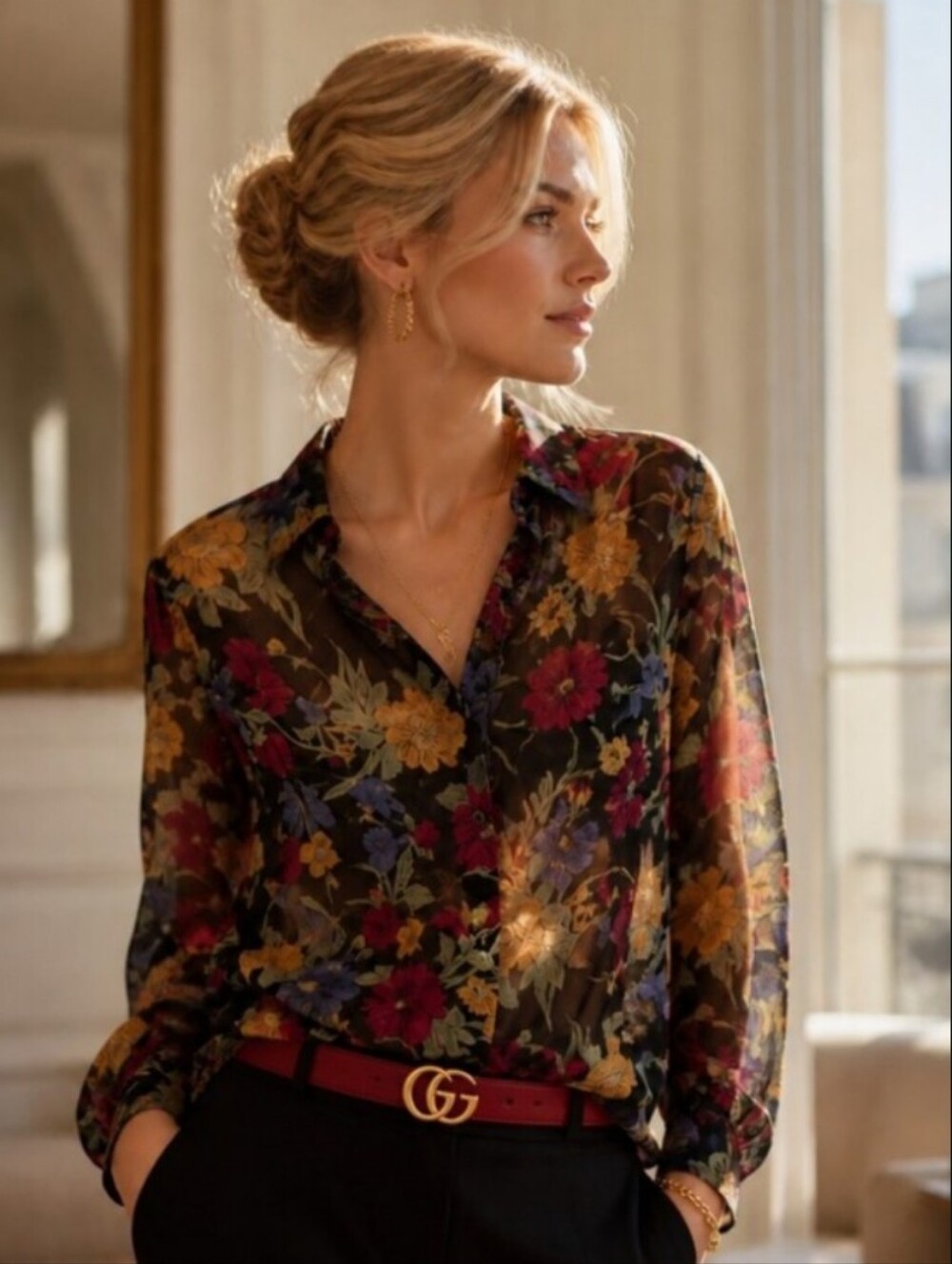 JM Collection Black Sheer Floral Button-Down Shirt with Red and Gold Accents